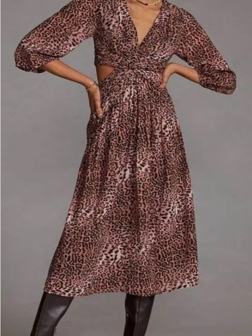 Ranna Gill Brown Leopard-Print Twist Midi Dress